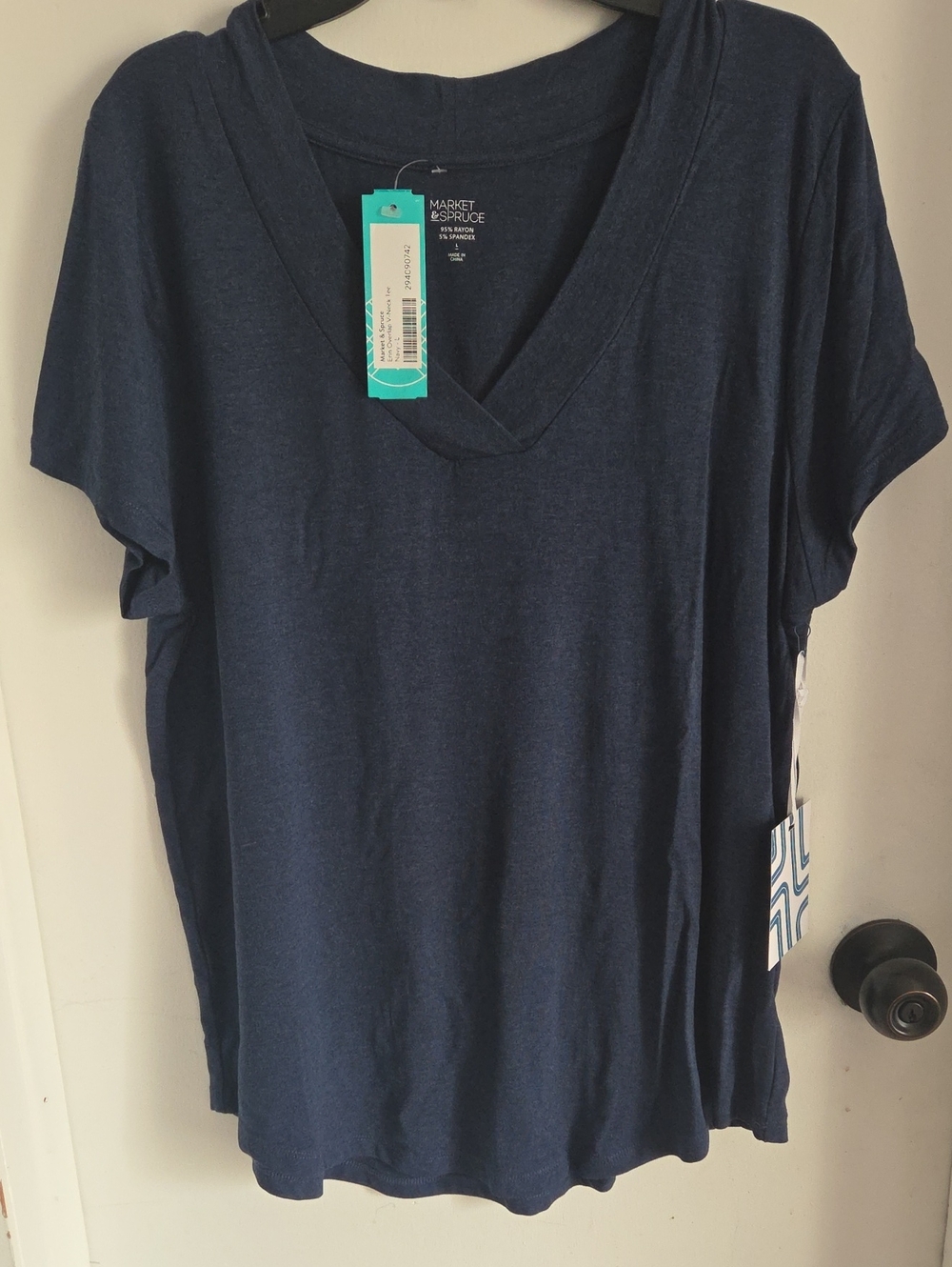 Market & Spruce Navy V-Neck Short Sleeve Top Dark Blue Size L